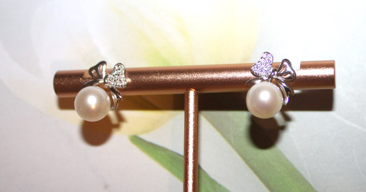 Sparkling Bow Freshwater Pearl Stud Earrings