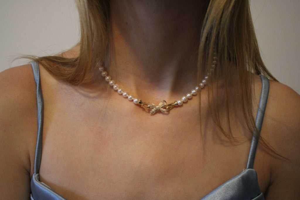 White Freshwater Pearl Necklace Set featuring Gold Bow Clasp