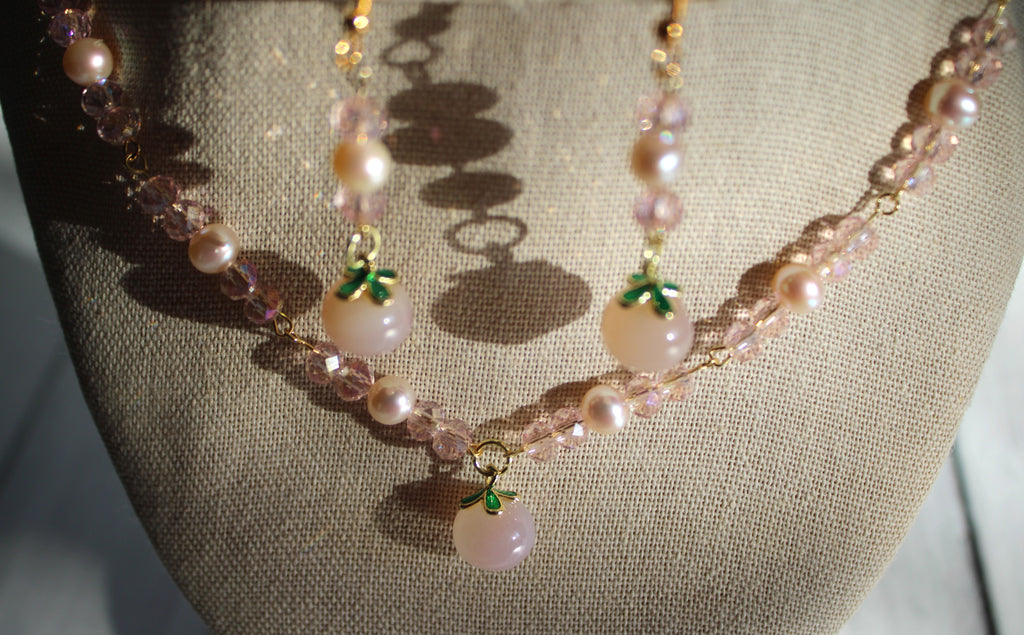glass peaches, freshwater pearls, pink crystal rondelles, toggle clasp, nedklace and earring set